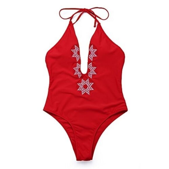 CupsheRed Halter Deep V Neck Swimsuit - Picture 1 of 7